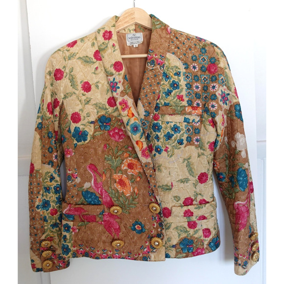 Vintage Valentino Jacket Skirt Suit 8 Silk Jacquard Patchwork Floral Italy Retro - Picture 2 of 15